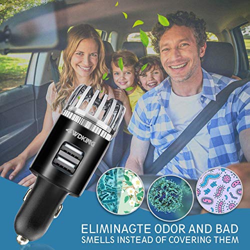 4WDKING Car Air Purifier Ionizer, 12V Plug-in Car Air Freshener Gadgets with Dual USB Charger Removes Cigarette Smoke, Pet and Food Odor, Ionic Ozone (Black)