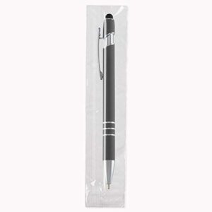 25 cello-wrapped soft touch ballpoint pens with stylus - stylus tip works with all touchscreen devices. individually packaged in cello wrap