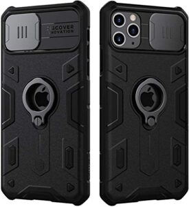 nillkin armor iphone 11 pro max case, [built in kickstand & camera lens protector] shockproof hard plastic back & soft silicone bumper hybrid cover phone case for iphone 11 pro max 6.5'' black