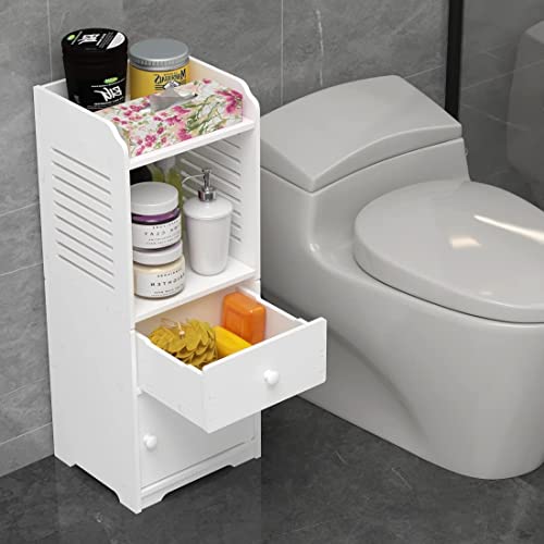 Rerii Bathroom Storage Cabinet, Small Floor Bathroom Organizer Free Standing, Side Toilet Cabinet with Drawer and Door, White