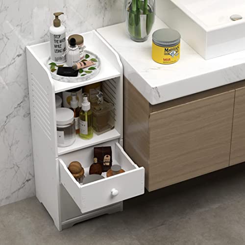 Rerii Bathroom Storage Cabinet, Small Floor Bathroom Organizer Free Standing, Side Toilet Cabinet with Drawer and Door, White