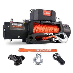zesuper 9500 lbs electric winch kit waterproof ip67 electric winch with hawse fairlead, with both wireless handheld remote and corded control recovery (9500-rope)