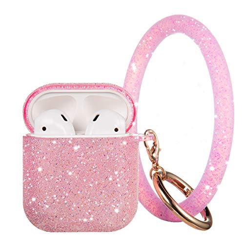 Bling Airpods Case, Cute Glitte Diamond Airpod Case Cover for Girls Women, Rhinestone Airpods Protective Case with Keychain Silicone Bangle Bracelet, Scratch Proof and Drop Proof (Pink)