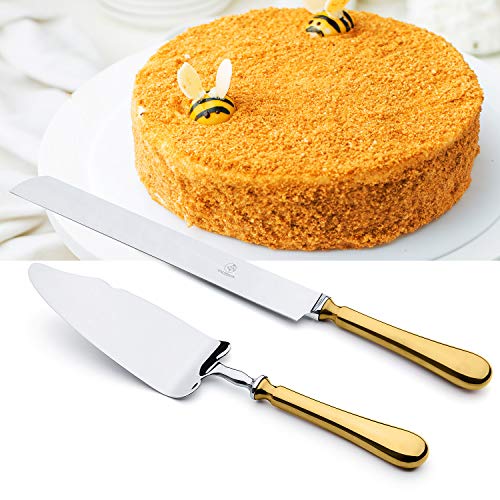 OTW PAVILION 2 Piece Wedding Cake Knife and Server Set,Gold 18/10 Stainless Steel Dessert Set Pie Server Cake Cutter Knife for Birthday,Anniversary,Holiday,Baby Shower,Party