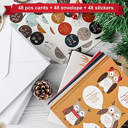 HERZOME 48 Pack Christmas Winter Holiday Greeting Cards With Envelopes and Stickers, 8 Pattern Woodland Animals Holiday Xmas Cards