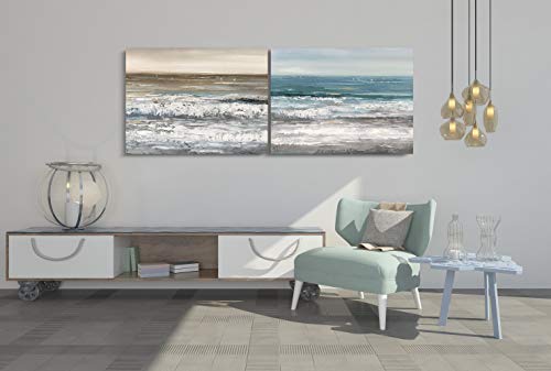 Yihui Arts Large Living Room Wall Arts Hand Painted Modern Abstract Seascape Canvas Oil Painting Ocean Beach Coastal Picture Artwork for Home Decor