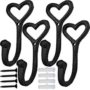 heavy duty coat hooks, 4pcs cast iron love heart shape wall hooks for hanging coats, black no rust hooks for scarf, bag, towel, key, cap, cup, hat