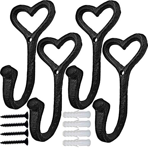 Heavy Duty Coat Hooks, 4pcs Cast Iron Love Heart Shape Wall Hooks for Hanging Coats, Black No Rust Hooks for Scarf, Bag, Towel, Key, Cap, Cup, Hat