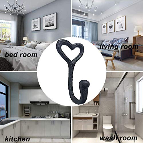 Heavy Duty Coat Hooks, 4pcs Cast Iron Love Heart Shape Wall Hooks for Hanging Coats, Black No Rust Hooks for Scarf, Bag, Towel, Key, Cap, Cup, Hat