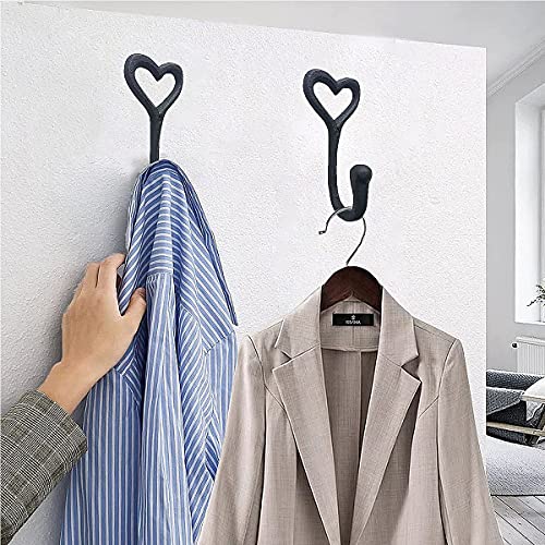 Heavy Duty Coat Hooks, 4pcs Cast Iron Love Heart Shape Wall Hooks for Hanging Coats, Black No Rust Hooks for Scarf, Bag, Towel, Key, Cap, Cup, Hat