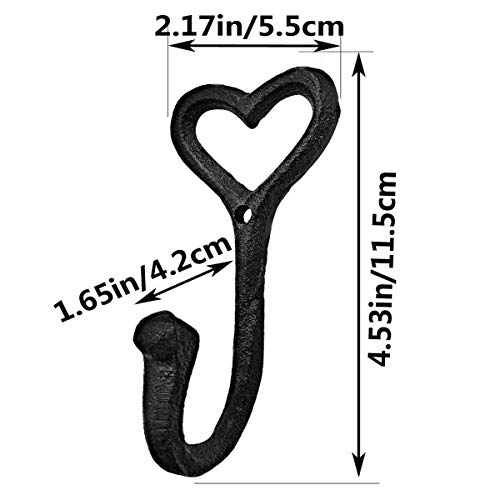 Heavy Duty Coat Hooks, 4pcs Cast Iron Love Heart Shape Wall Hooks for Hanging Coats, Black No Rust Hooks for Scarf, Bag, Towel, Key, Cap, Cup, Hat