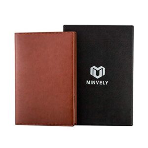minvely a5 soft leather journal notebook - 100gsm lined notebook, 12 set of monthly planner, ivory pages, inner cardholder, leather pen holder, bookmark | arrives in luxury gift box - brown