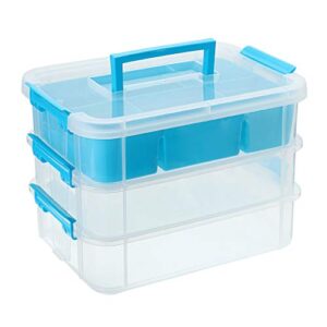 juxyes 3-tiers stack carry storage box with divided tray, transparent stackable storage bin with handle lid latching storage container for school & office supplies (blue)