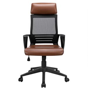 yaheetech executive office chair, ergonomic high back leather/mesh desk chair with headrest and lumbar support, swivel chairs on wheels/castors for home office, brown