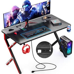 mr ironstone gaming desk 45 inch with power outlets, computer desk gaming table carbon fiber surface pc gamer workstation laptop study table, home office desks with cup holder, headphone hook, black