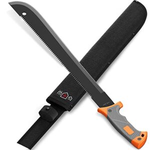 18.5-inch serrated blade machete with nylon sheath - saw blade machetes with non-slip rubber handle - best brush clearing tool machete for cutting trees and yard work - survival e-book included 13153
