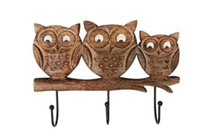ajuny wooden owl motifs wall hanging key hook holder- decorative for home kitchen, farmhouse decor, hallway- vintage heavy duty wall mounted hooks cup (38 x 15 cm)