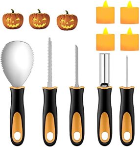 yixiang halloween pumpkin carving kit, 5 pieces heavy duty professional stainless steel carving tools set for halloween decorations, included 4 led candles