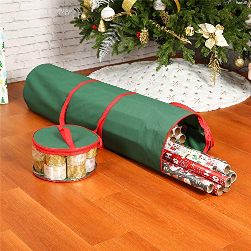 Sattiyrch Christmas Wrapping Paper Storage Bag - Tear Proof 600D Canvas UnderBed Gift Wrap Organizer Bag Fits 20 Rolls 40 inch & Ribbon Holder,Dual Zips & Carry Handles,Green