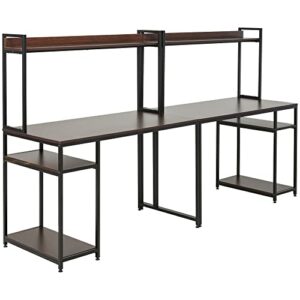 homcom 94.5in industrial double computer desk with hutch and storage shelves, extra long home office writing table 2 person workstation, cpu stand, brown wood grain