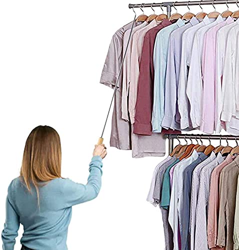 Closet Reacher Pole with Hook and Wooden Handle, Heavy Duty - Adjustable 2.75 – 5 Feet, Chrome Plated Steel Clothing Hanger Shepherds Hook to Easily Reach Clothes etc. - Perfect for College Dorm