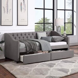 flieks upholstered daybed with two storage drawers, twin tufted sofa bed daybed with nailhead trim and wood slat support (grey)
