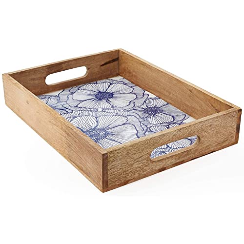 Farmlyn Creek Wood Serving Tray with Blue Flowers for Ottoman, Vanity, or Countertop (16 x 12 In)