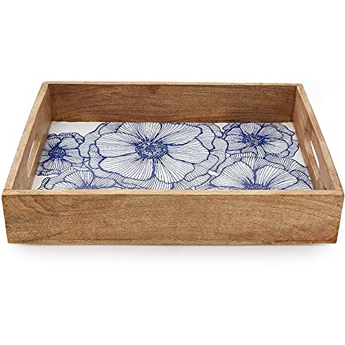 Farmlyn Creek Wood Serving Tray with Blue Flowers for Ottoman, Vanity, or Countertop (16 x 12 In)