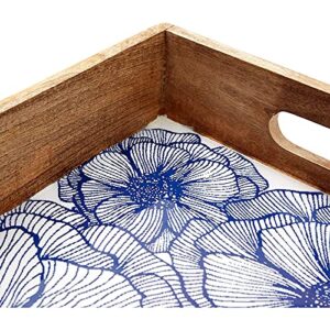 Farmlyn Creek Wood Serving Tray with Blue Flowers for Ottoman, Vanity, or Countertop (16 x 12 In)