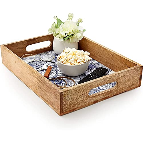 Farmlyn Creek Wood Serving Tray with Blue Flowers for Ottoman, Vanity, or Countertop (16 x 12 In)