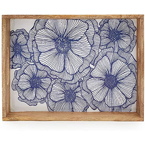 Farmlyn Creek Wood Serving Tray with Blue Flowers for Ottoman, Vanity, or Countertop (16 x 12 In)