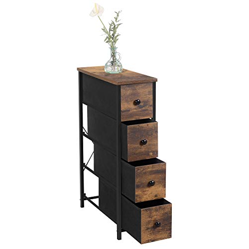 SONGMICS Narrow Dresser, Vertical Storage Unit with 4 Fabric Drawers, for Small Spaces and Gaps, Metal Frame, Slim Storage Tower, for Living Room, Laundry, Closet, Rustic Brown and Black ULGS041B01