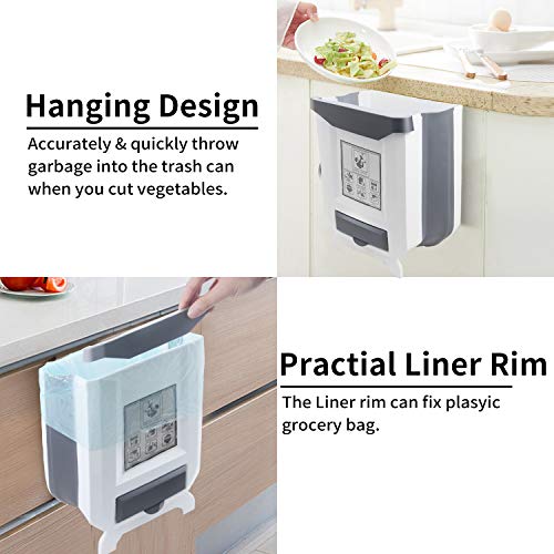 HI NINGER Hanging Kitchen Trash Can, Foldable Waste Bin for Kitchen, Collapsible Hang Small Plastic Garbage Can 2.4 Gallon for Cabinet/Car/Bedroom/Bathroom-Grey