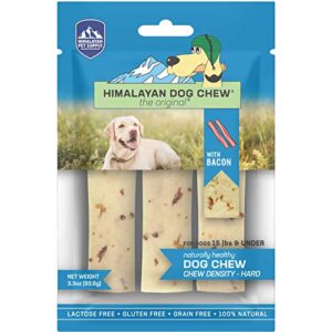 himalayan dog chew yak cheese dog chews, 100% natural, long lasting, gluten free, healthy & safe dog treats, lactose & grain free, protein rich, small dogs 15 lbs & smaller, real bacon bits, 3.3 oz