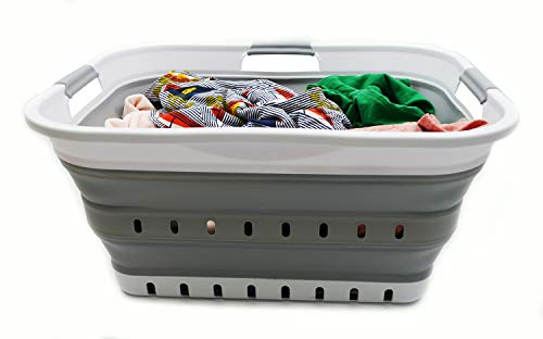 SAMMART 42L (11 Gallon) Collapsible Plastic Laundry Basket - Foldable Pop Up Storage Container/Organizer - Portable Basket - Space Saving Hamper/Basket (2, White/Grey)