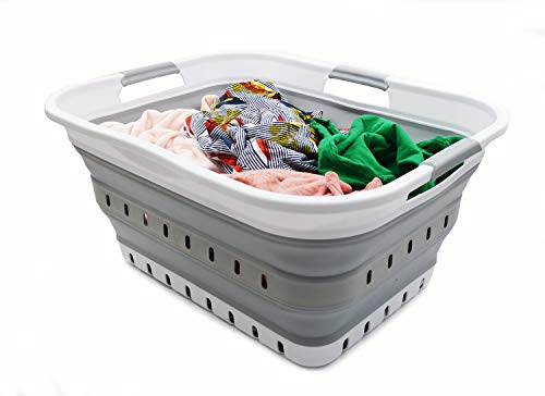 SAMMART 42L (11 Gallon) Collapsible Plastic Laundry Basket - Foldable Pop Up Storage Container/Organizer - Portable Basket - Space Saving Hamper/Basket (2, White/Grey)