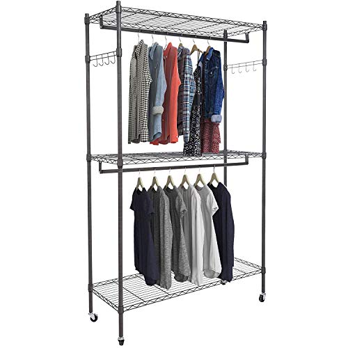 BATHWA Free Standing Closet Wire Shelving Clothing Rolling Rack Heavy Duty Garment Rack with Wheels and Side Hooks