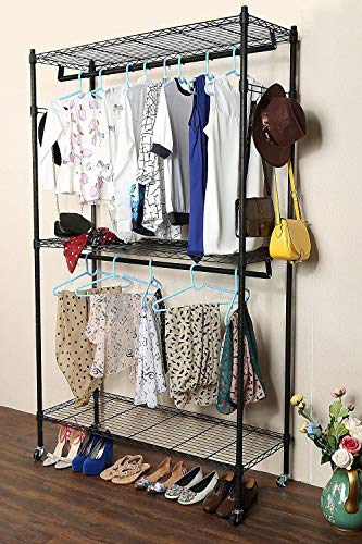 BATHWA Free Standing Closet Wire Shelving Clothing Rolling Rack Heavy Duty Garment Rack with Wheels and Side Hooks