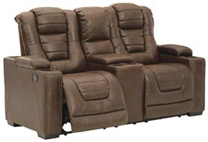 signature design by ashley owner's box faux leather power reclining loveseat with center console, brown