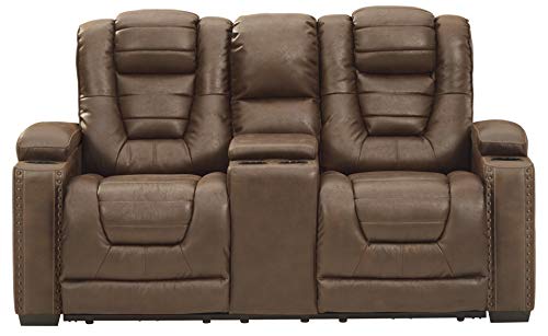 Signature Design by Ashley Owner's Box Faux Leather Power Reclining Loveseat with Center Console, Brown