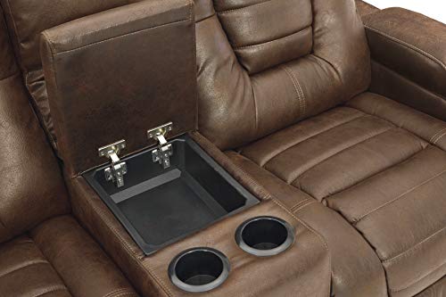 Signature Design by Ashley Owner's Box Faux Leather Power Reclining Loveseat with Center Console, Brown