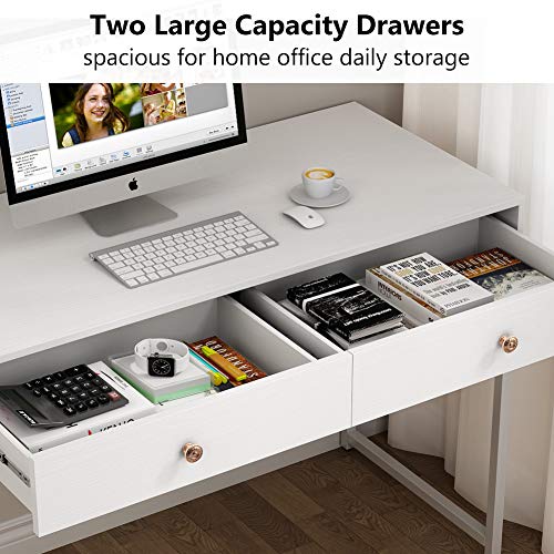 Tribesigns Computer Desk, Modern Simple 47 inch Home Office Desk Study Table Writing Desk with 2 Storage Drawers, Makeup Vanity Console Table White