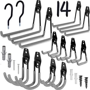 garage hooks, 14 pack heavy duty garage storage hooks wall mount utility hook steel double tool hangers with bike hooks for hanging and organizing ladder bicycle stroller, garden tools, bulk items
