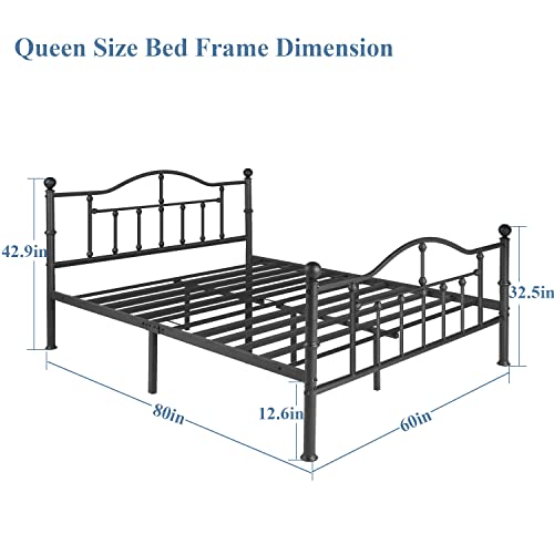 VECELO Queen Size Bed Frame Metal Platform Mattress Foundation/Box Spring Replacement，with Headboard & Footboard/Easy Assemble,Black