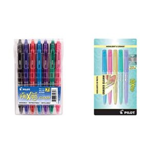 pilot frixion clicker erasable & retractable gel ink pens, assorted color inks, 7-pack pouch & frixion light pastel collection erasable highlighters, chisel tip, assorted color inks, 5-pack