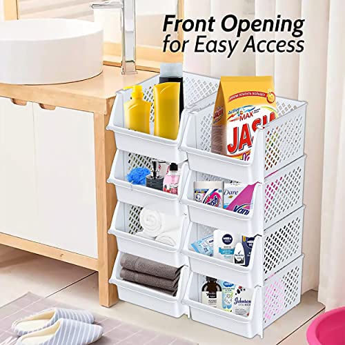 Skywin Plastic Stackable Storage Bins for Pantry - Stackable Bins For Organizing Food, Kitchen, and Bathroom Essentials (White)