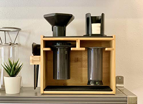 Barista Lab Stand for AeroPress® Bamboo Organizer for Wall, Counter or In-Cabinet Storage Holds Filters, Cups and Accessories With Precision Fit Silicone Dripper Mats