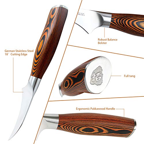 TUO Bird-Beak Paring Knife, Handy Peeling Knife, German X50CrMoV15 Stainless Steel, Full Tang Eye-catching Ergonomic Pakkawood Handle, Razor Sharp Stain Rust Resistant, Fiery Series, 2.5 inch