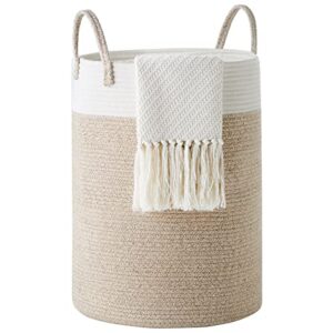 cotton rope laundry hamper by youdenova, 58l - woven collapsible clothes storage basket for blankets, laundry room organizing, bedroom, brown & white