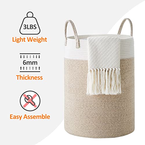 Cotton Rope Laundry Hamper by YOUDENOVA, 58L - Woven Collapsible Clothes Storage Basket for Blankets, Laundry Room Organizing, Bedroom, Brown & White